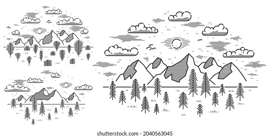 Mountains range and pine forest linear vector illustration isolated on white, line art drawing of mountain peaks wilderness wanderlust theme, beautiful nature landscape.