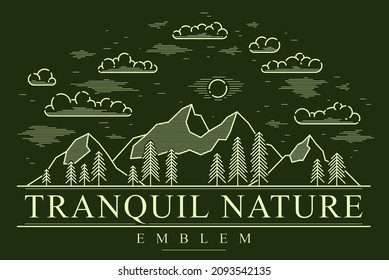 Mountains range and pine forest linear vector emblem on dark, line art drawing of mountain peaks wilderness wanderlust logo, beautiful nature landscape.