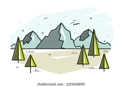 Mountains range and pine forest linear vector illustration isolated on white, line art drawing of mountain peaks and woods wilderness wanderlust theme, beautiful nature landscape.