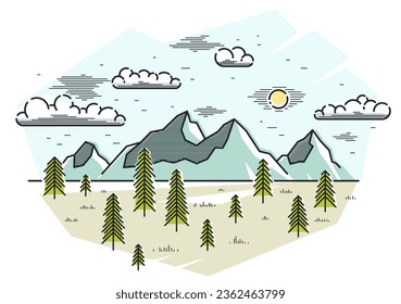 Mountains range and pine forest linear vector illustration isolated on white, line art drawing of mountain peaks and woods wilderness wanderlust theme, beautiful nature landscape.