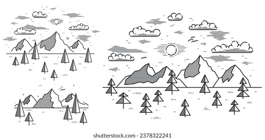 Mountains range and pine forest linear vector illustration isolated on white, line art drawing of mountain peaks wilderness wanderlust theme, beautiful nature landscape.