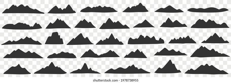 Mountains range silhouettes doodle set. Collection of hand drawn various black silhouettes of natural hills mountains in rows isolated on transparent background 