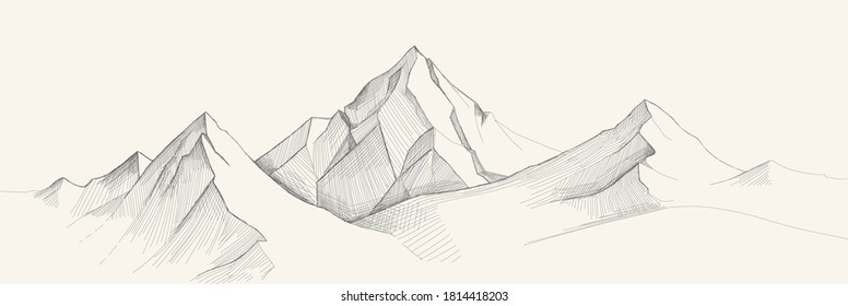 Mountains range sketch, engraving style, hand drawn vector illustration