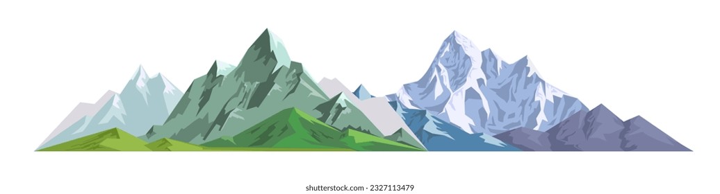 Mountains range with summits and peaks covered with snow. Isolated natural elevation with forests and woods on bottom. Nature and wilderness, scenery or landscape. Vector in flat style illustration