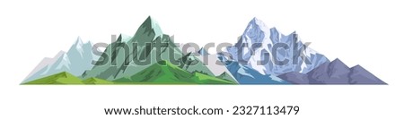 Mountains range with summits and peaks covered with snow. Isolated natural elevation with forests and woods on bottom. Nature and wilderness, scenery or landscape. Vector in flat style illustration
