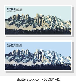 Mountains ranges. Forest. Set. Landscape. Panorama. Vector banners.