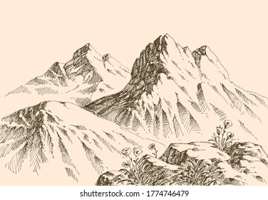 Mountains ranges hand drawing, alpine landscape background