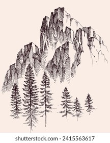 Mountains ranges hand drawing, alpine vegetation background