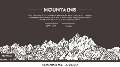 Mountains ranges. Nature sketch. Spiky mountain landscape sketch hand drawing, in engraving etching style, for extreme climbing sport, adventure travel and tourism design. Vector panorama.