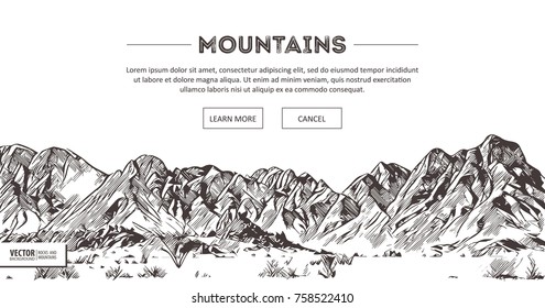 Mountains ranges. Nature sketch. Spiky mountain landscape sketch hand drawing, in engraving etching style, for extreme climbing sport, adventure travel and tourism design. Vector panorama