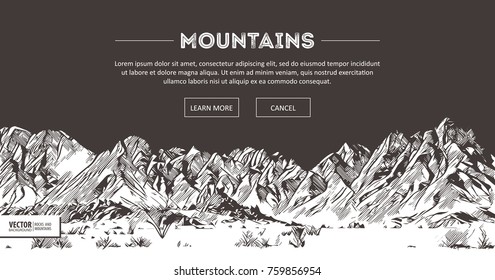 Mountains ranges. Nature sketch. Spiky mountain landscape sketch hand drawing, in engraving etching style, for extreme climbing sport, adventure travel and tourism design. Vector panorama.