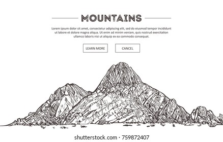 Mountains ranges. Nature sketch. Spiky mountain landscape sketch hand drawing, in engraving etching style, for extreme climbing sport, adventure travel and tourism design. Vector panorama.