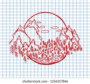 Mountains ranges on copybook background. Sketch of a mountains with fir forest, sunrise/sunset. Outdoor activity travel, tourism. Hand drawn vector illustration.