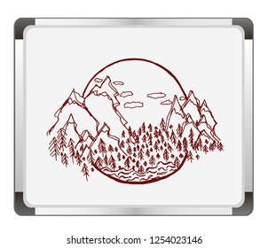 Mountains ranges on flip chart background. Sketch of a mountains with fir forest, sunrise/sunset. Outdoor activity travel, tourism. Hand drawn vector illustration.