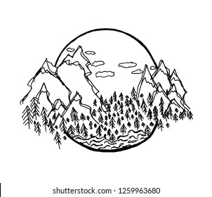 Mountains ranges on white background. Sketch of a mountains with fir forest, sunrise/sunset. Outdoor activity travel, tourism. Hand drawn vector illustration.