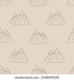 Mountains Ranges and Peaks Seamless Pattern. Hand drawn minimal landscape background with outline nature elements. Repeat vector illustration