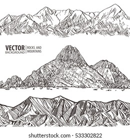 Mountains ranges. Set. Nature sketch.  Spiky mountain landscape sketch hand drawing, in engraving etching style, for extreme climbing sport, adventure travel and tourism design. Vector panorama.