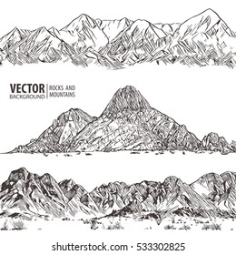 Mountains ranges. Set. Nature sketch.  Spiky mountain landscape sketch hand drawing, in engraving etching style, for extreme climbing sport, adventure travel and tourism design. Vector panorama.