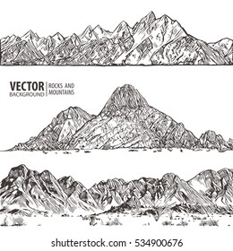 Cordilleras. Establecer. Esbozo natural.  Dibujo a mano de paisajes de montaña Spiky, en estilo grabado, para el deporte de escalada extrema, viajes de aventura y diseño turístico. Panorama vectorial.