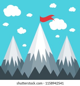 Mountains with red flag on the top, landscape, vector illustration in flat style.