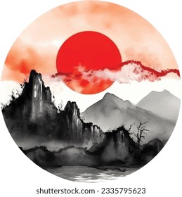 Mountains and red sun hand drawn with ink in traditional Japanese style watercolor Isolated on white background.