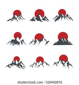 Mountains with red sun isolated on white background. Rocks set. Vector illustration. Elements for illustration, infographics, logos and banners.