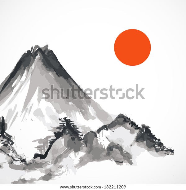 Mountains Red Sun Vector Illustration Traditional Stock Vector (Royalty ...