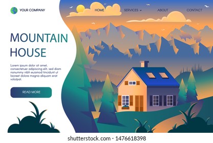 Mountains resort flat vector landing page template. Forest recreation promo webpage with copyspace