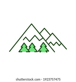 Mountains RGB color icon. Destination for winter recreation. Snowy highlands. Woods near mounts. Ski resort location. Rockis for hiking route. Outdoor environment, nature. Isolated vector illustration