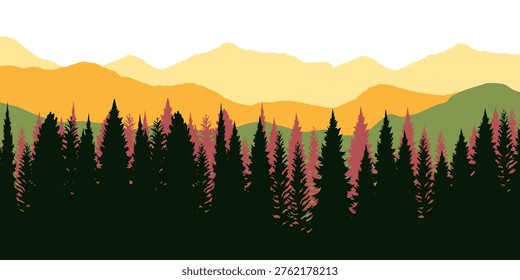 Mountains and ridge panorama silhouette background. Beautiful peak view. Morning pine trees landscape illustration.