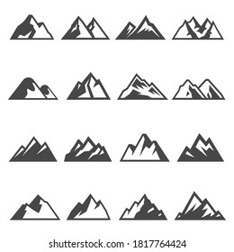 Mountains, ridges bold black silhouette icons set isolated on white. Ice hills, crags, cliffs pictogram collection, logos. Rocks, peaks, barrows vector elements for infographic, web.