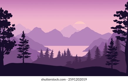 Mountains rise majestically against a twilight sky painted in purple hues. Trees silhouette the foreground while a calm lake reflects the fading light.