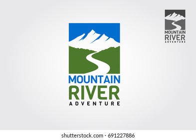 Mountains River Adventure Vector Logo Template. This logo features a mountain landscape with mountain and a river. It would be a perfect match for any mountain or adventure related business.