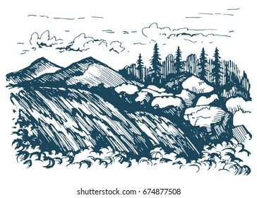 Mountains river. America. Waterfall graphic landscape sketch illustration vector