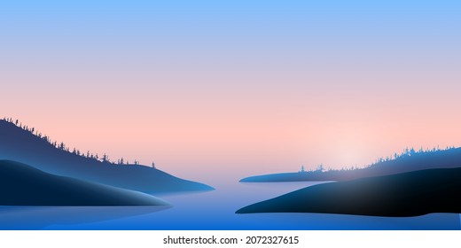 Mountains and river, blue landscape with pink sky