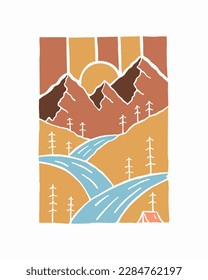 The mountains and river. camping emblem graphics. Perfect for t-shirts, apparel and other merchandise