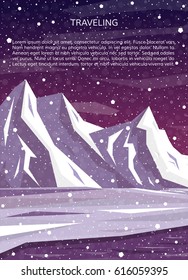 Mountains, river and falling snow at night. Mountaineering or travelling concept. Climbing, hiking, trekking, outdoor vacation or extreme sports banner. EPS10 vector illustration.