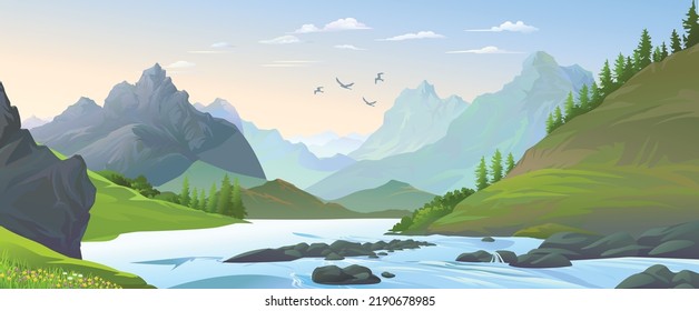 mountains and river flowing at the end of mountain birds and blue sky 
