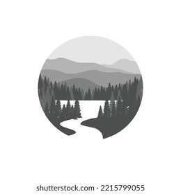 Plantilla de diseño de los logotipos de las montañas, los ríos y los bosques. paisaje natural con árboles, icono del paisaje natural.