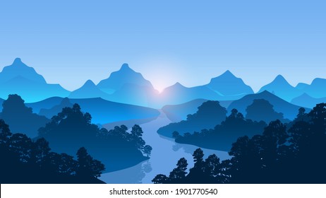 Mountains with river and forest trees landscape vector Illustration. Can be used for mountaineering and traveling, outdoor recreation and vacation concepts.