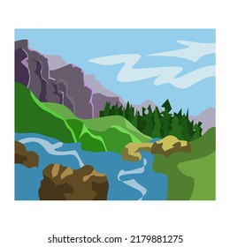 Mountains, river, forest. Vector landscape of nature. Flat illustration.