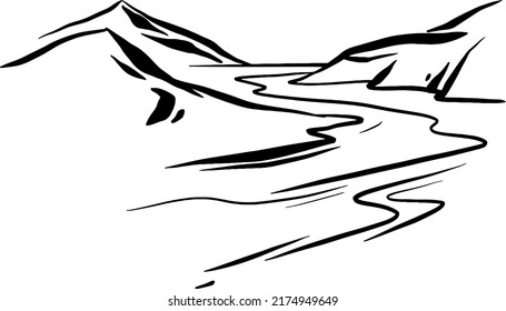 Mountains, river, hand draw line vector illustration.