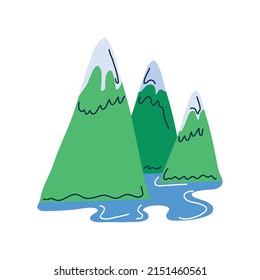montañas e ícono de río aislado plano