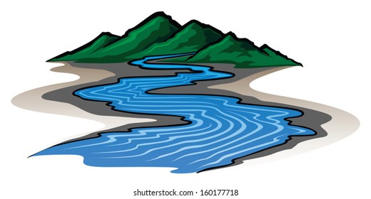 Mountains And River Is An Illustration Of A Graphic Style Mountain Range And Running River.