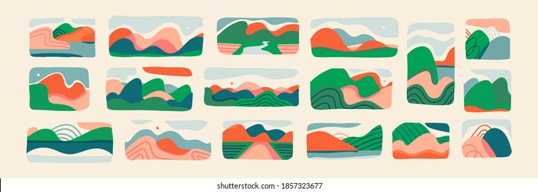 Mountains, river, lake, hills, sky view. Abstract design. Cutout style. Various landscapes. Big Set of hand drawn trendy Vector illustrations. Wallpaper Templates. Different backgrounds. Pastel colors