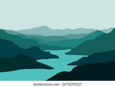 Diseño de ilustración de paisaje de montañas y ríos.