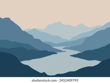 Mountains and river landscape panorama. Vector illustration in flat style.