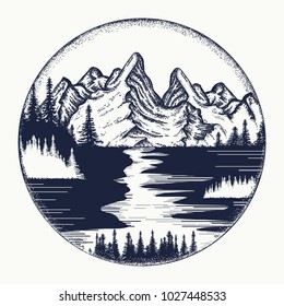 Mountains and river landscape tattoo. Symbol tourism, travel, adventure 