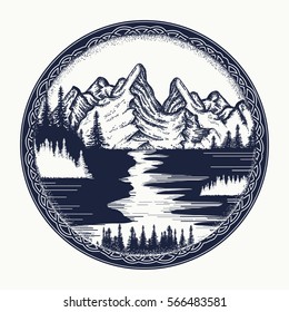Mountains and river landscape tattoo. Symbol tourism, travel, adventure. Mountain landscape t-shirt design 