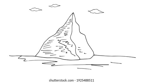 Mountains and river, landscape. Vector black and white illustration.